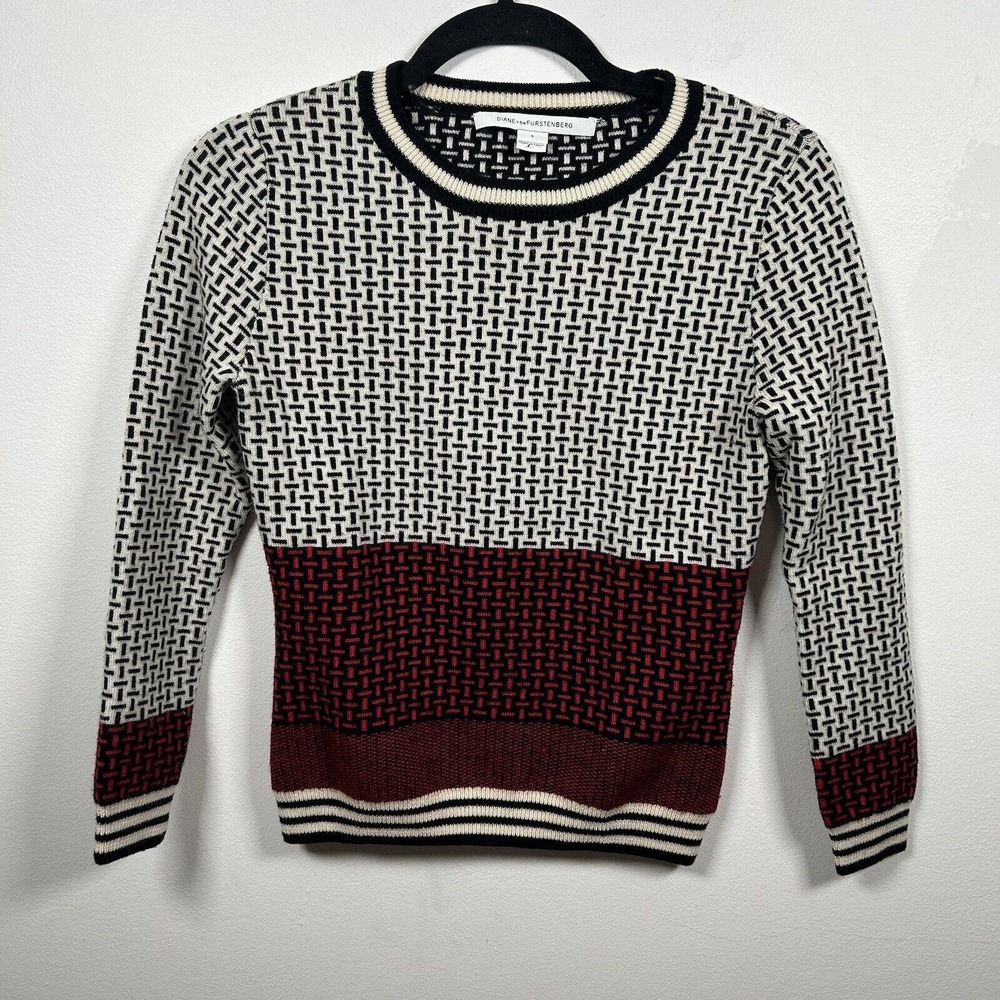 Diane Von Furstenberg Wool Stretch Knit Abstract Pattern Sweater Small